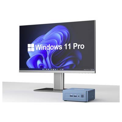 Un poste de travail avec un ordinateur de bureau comprenant un moniteur affichant « Windows 11 Pro » et un boîtier d'ordinateur compact bleu à côté.