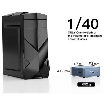 'Comparaison d'un grand châssis de tour traditionnel avec un petit mini PC bleu mesurant 117 mm x 112 mm x 49,2 mm, pesant 652 g.'