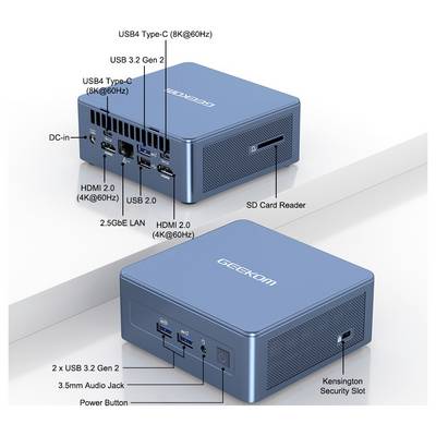 Petit appareil bleu compact portant la marque 'GEEKOM', doté de ports USB4, USB 3.2, HDMI 2.0, LAN 2,5 GbE, lecteur de carte SD et prise audio.