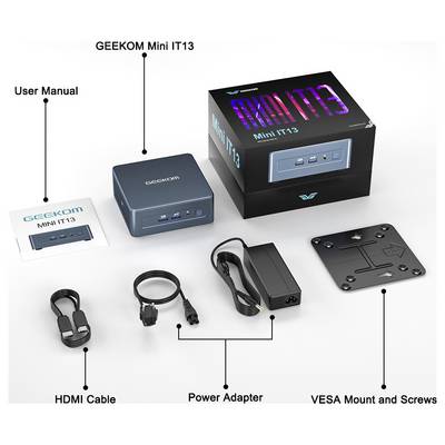 Le kit Geekom Mini IT13 comprend un mini PC, un manuel d'utilisation, un câble HDMI, un adaptateur secteur et un support VESA avec ses vis, le tout présenté soigneusement.