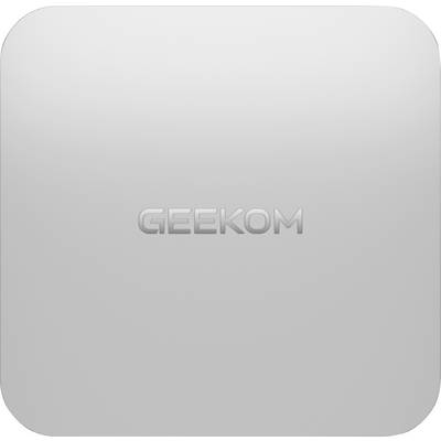 Un objet carré aux bords arrondis avec le mot « GEEKOM » en relief au centre sur une surface lisse de couleur gris clair.