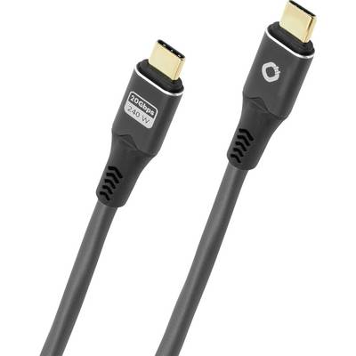 Un câble Thunderbolt 4 noir avec des connecteurs dorés, étiqueté « 20 Gbps » et « 240 W », indiquant la vitesse de transfert de données et la capacité de délivrance de puissance.