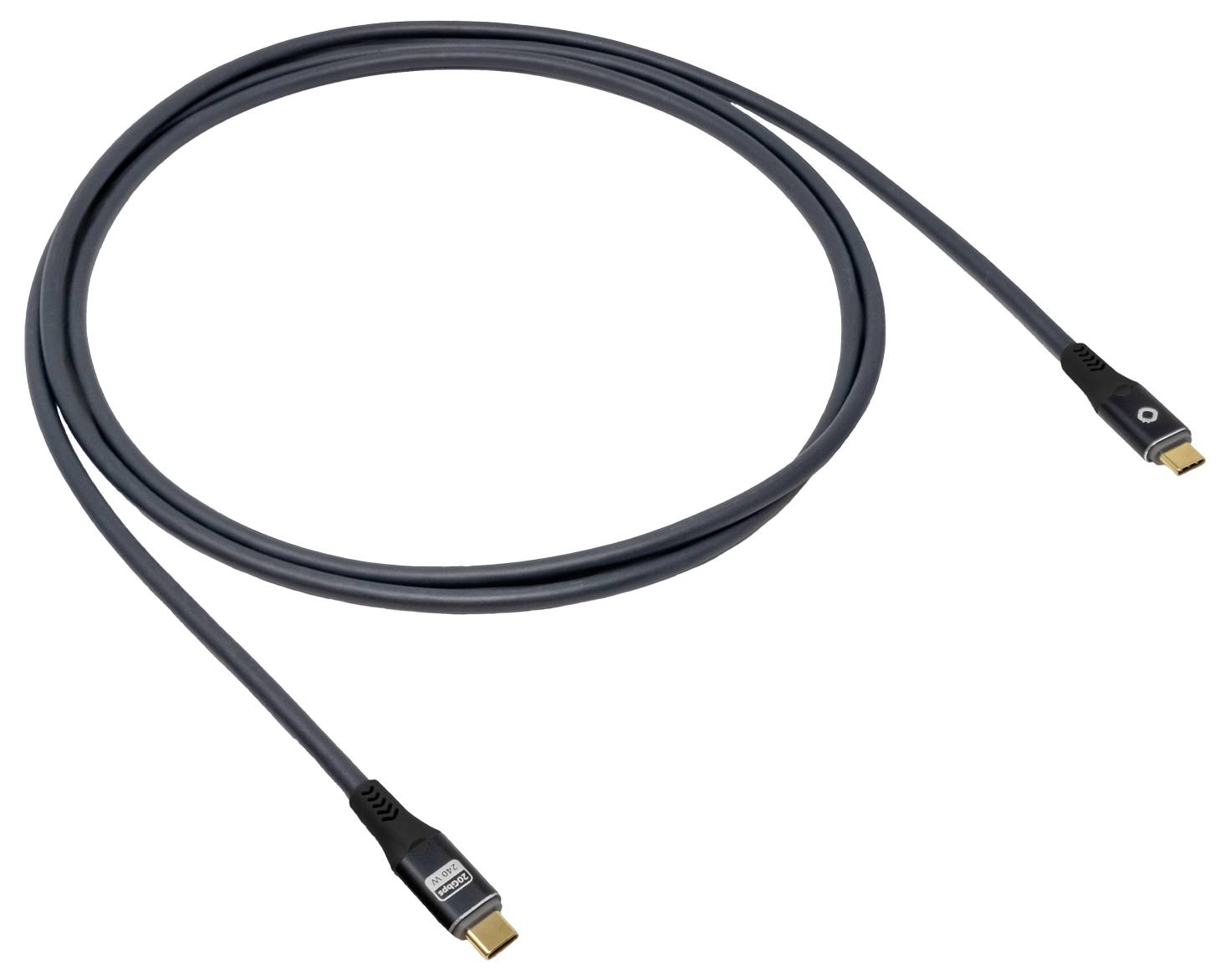 Un câble HDMI noir avec des connecteurs dorés est enroulé en boucle.
