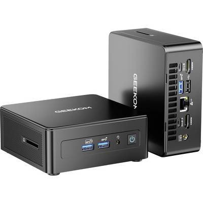 Deux unités informatiques compactes noires sont présentées. L'unité avant dispose de ports USB et d'un bouton d'alimentation. L'unité arrière présente plusieurs ports de connectivité.