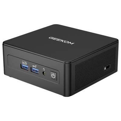 Un mini PC noir avec le logo « GEEKOM » sur le dessus, présentant deux ports USB, une prise casque et un bouton d'alimentation sur le panneau avant.