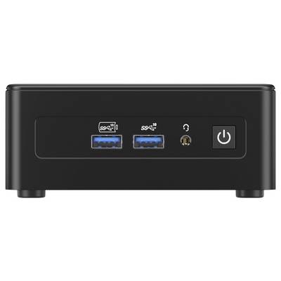 Un dispositif électronique compact noir avec deux ports USB, une prise audio et un bouton d'alimentation sur le panneau avant.