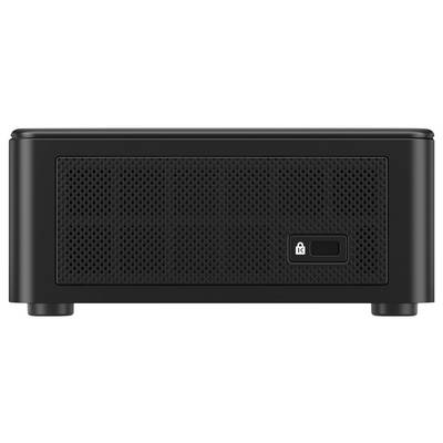 Un petit appareil électronique noir avec un panneau avant en maille et un symbole de verrou, suggérant des fonctionnalités de sécurité. Adapté à une utilisation de bureau.