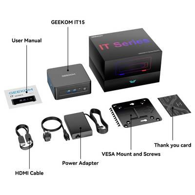 Contenu du package de mini PC : manuel d'utilisation, mini PC, carte de remerciement, câble HDMI, adaptateur secteur, support VESA avec vis, boîte de la série IT.