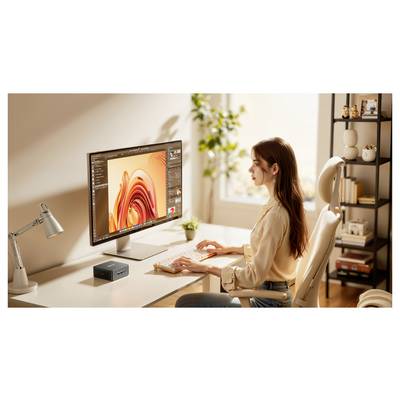 Une femme travaille sur un ordinateur de bureau, en éditant une image abstraite. La pièce est lumineuse, baignée de lumière naturelle, et une plante se trouve en arrière-plan.