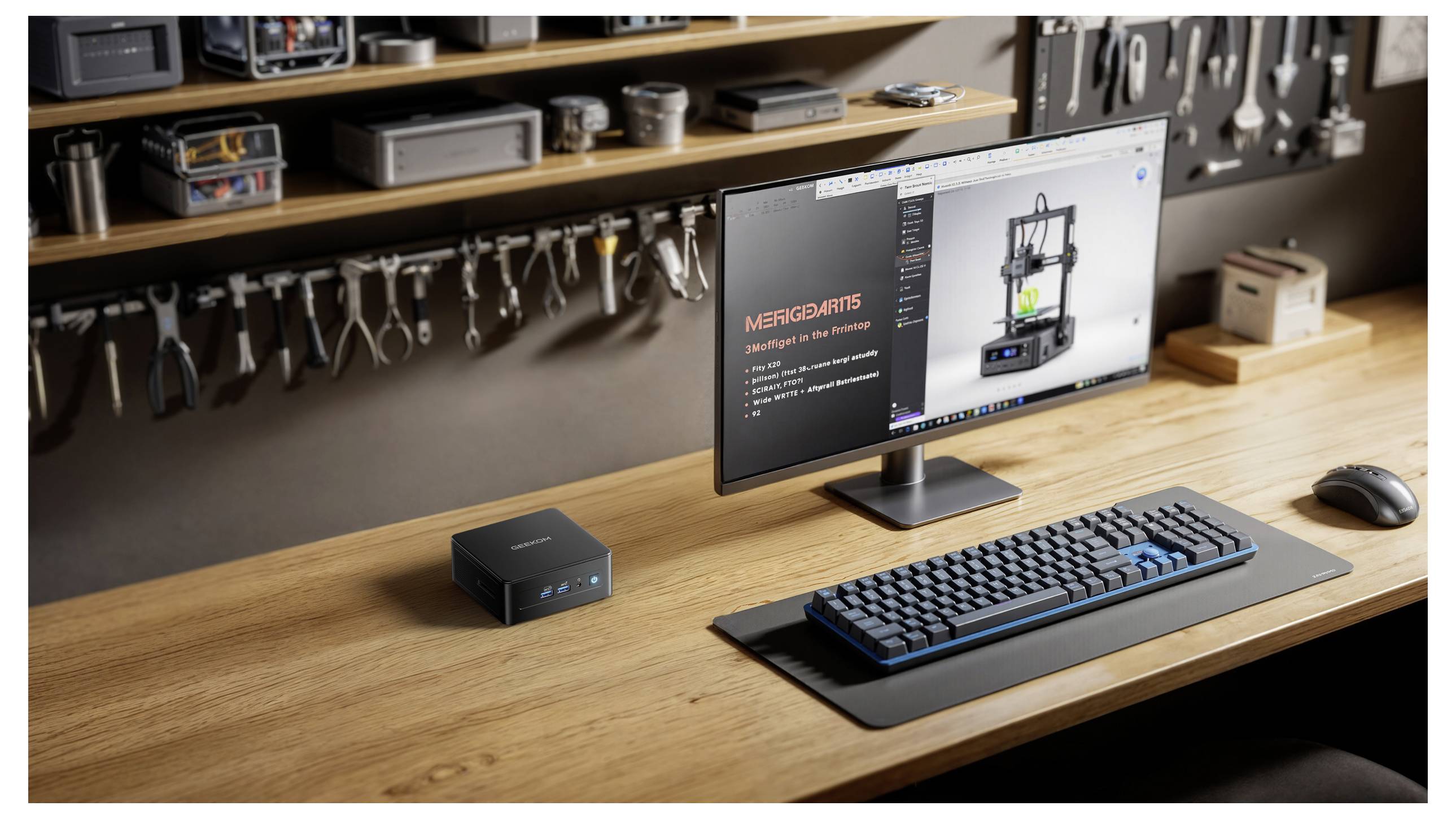 Un bureau avec un écran affichant une page web 'MERGEBOTS', un clavier, une souris et un petit ordinateur. Des étagères en arrière-plan contiennent des outils.