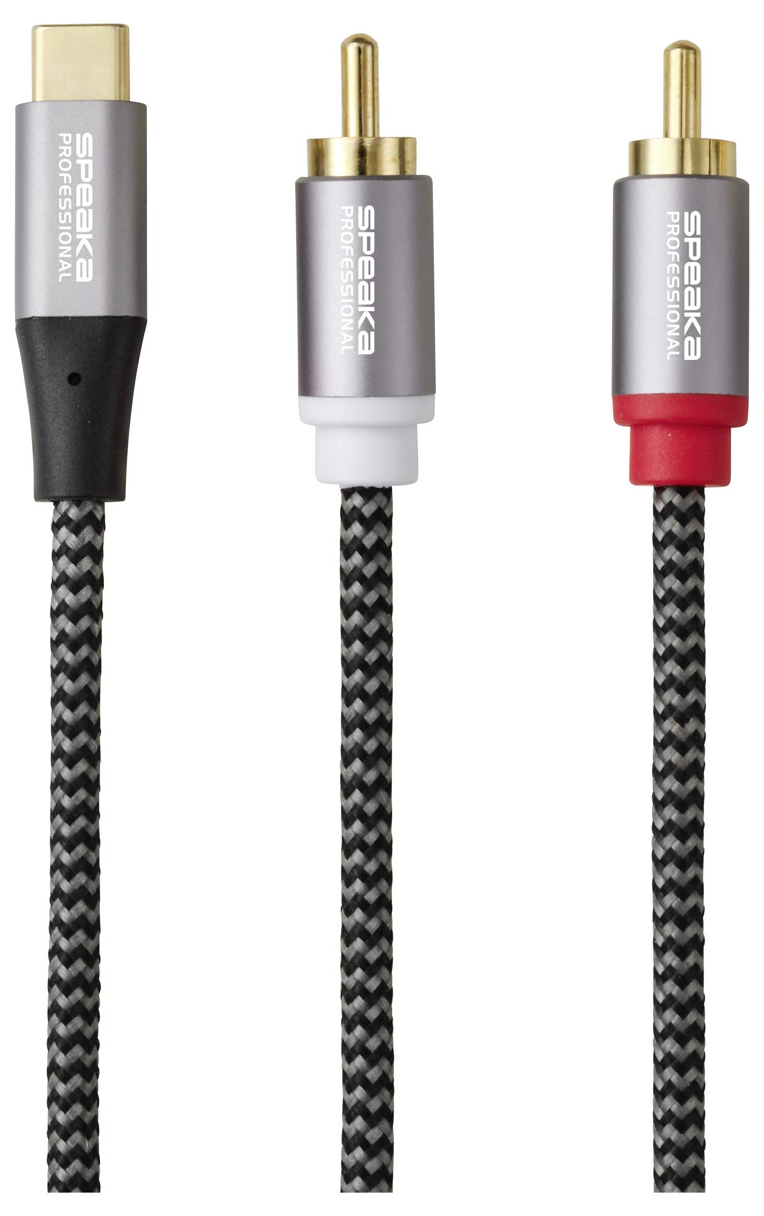Câble 'SpeaKa Professional' noir et or avec trois connecteurs différents : USB-C plaqué or, RCA à bague blanche et RCA à bague rouge.