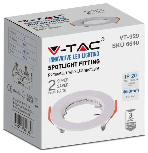 Spot encastrable V-TAC, compatible avec ampoule LED, IP20, découpe de 63mm, lot de 2. Comprend l'image du produit et les caractéristiques techniques.