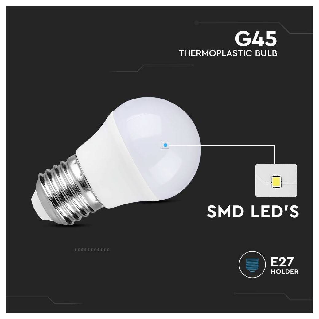 Ampoule thermoplastique G45 avec LED CMS et support E27, présentée sur un fond noir avec un schéma indiquant l'emplacement des LED.