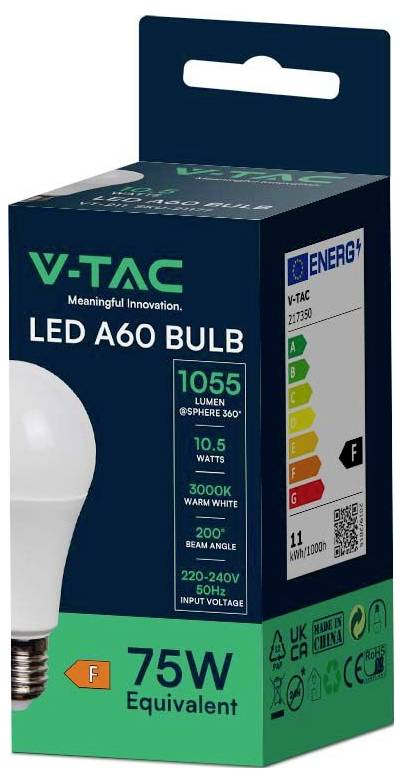 Ampoule LED A60 V-TAC, équivalent 75W, 1055 lumens, blanc chaud 3000K, classe énergétique F, pour alimentation 220-240V.