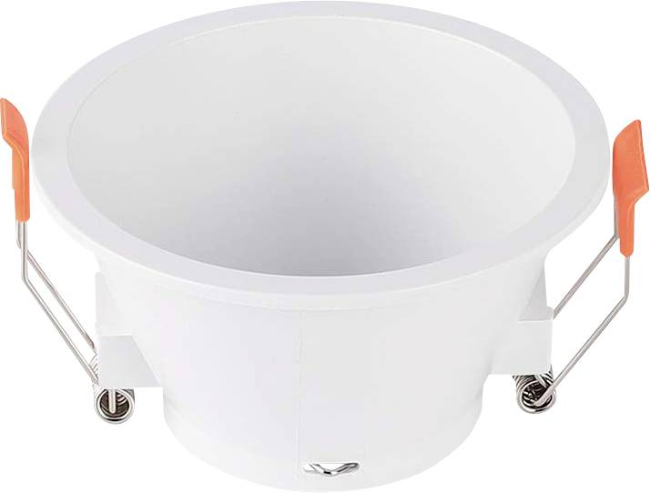 Un luminaire encastré LED rond blanc, avec des clips orange, adapté pour une installation au plafond.