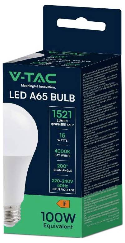 Ampoule LED V-TAC A65 de 15 watts, équivalent à 100 watts. Caractéristiques : 1521 lumens, blanc lumière du jour 4000K, angle de faisceau de 200°.