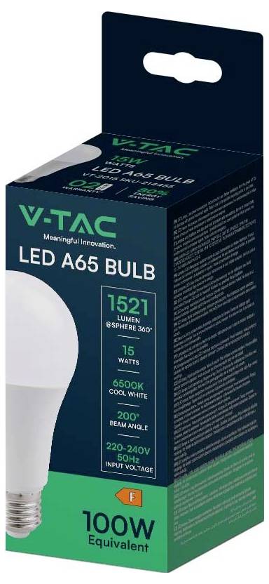 Une boîte étiquetée « Ampoule LED V-TAC A65 » avec les spécifications : 1521 lumens, 15 watts, 6500K blanc froid, angle de faisceau de 200°, équivalent 100W.