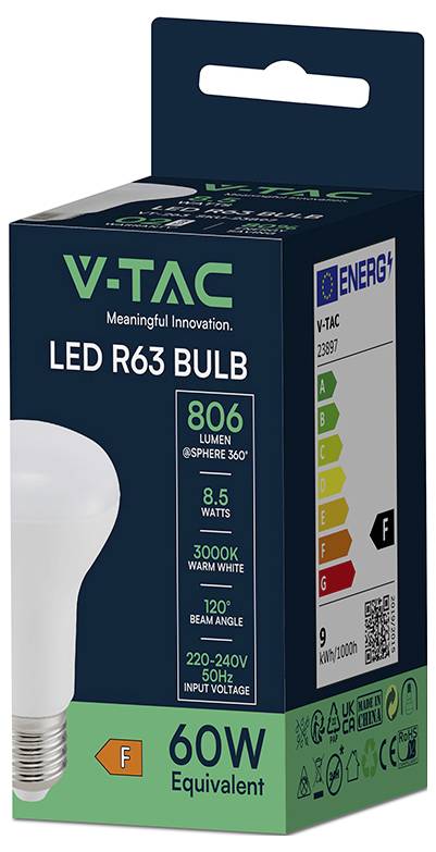 'Ampoule LED V-TAC R63, 806 lumens, 8,5 watts, lumière blanc chaud 3000K. Classe énergétique F, remplace 60W, 220-240V, culot E27.'