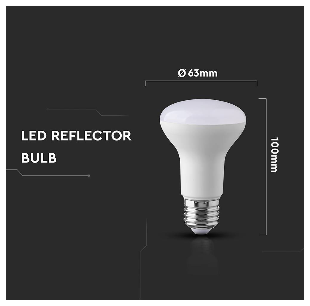 Ampoule LED réflecteur avec dimensions : largeur de 63 mm, hauteur de 100 mm. Ampoule blanche sur un fond sombre.