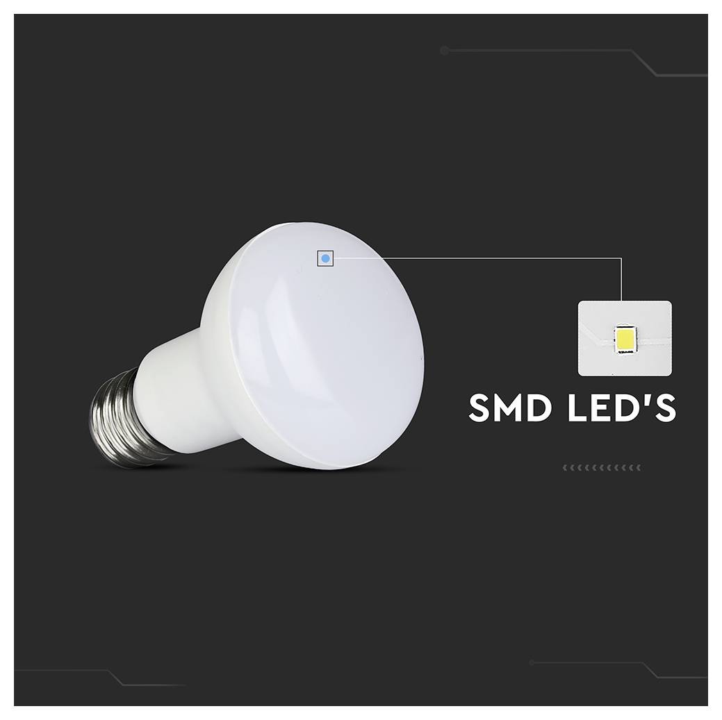Une ampoule LED SMD blanche à vis sur un fond sombre avec le texte 'LED SMD' et une image encadrée montrant un gros plan de la puce LED.