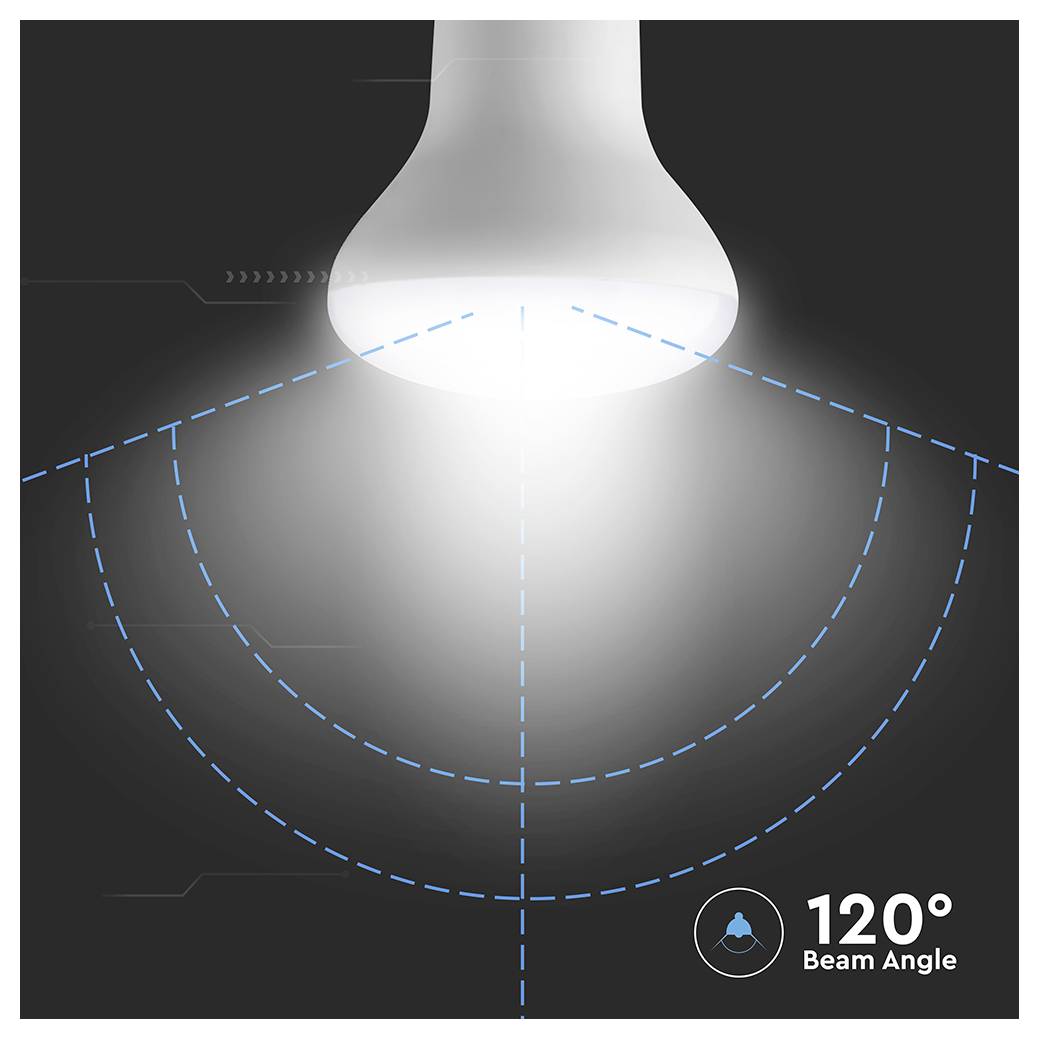 Schéma d'ampoule montrant un angle de faisceau de 120 degrés, représenté par des lignes pointillées bleues s'écartant vers l'extérieur.
