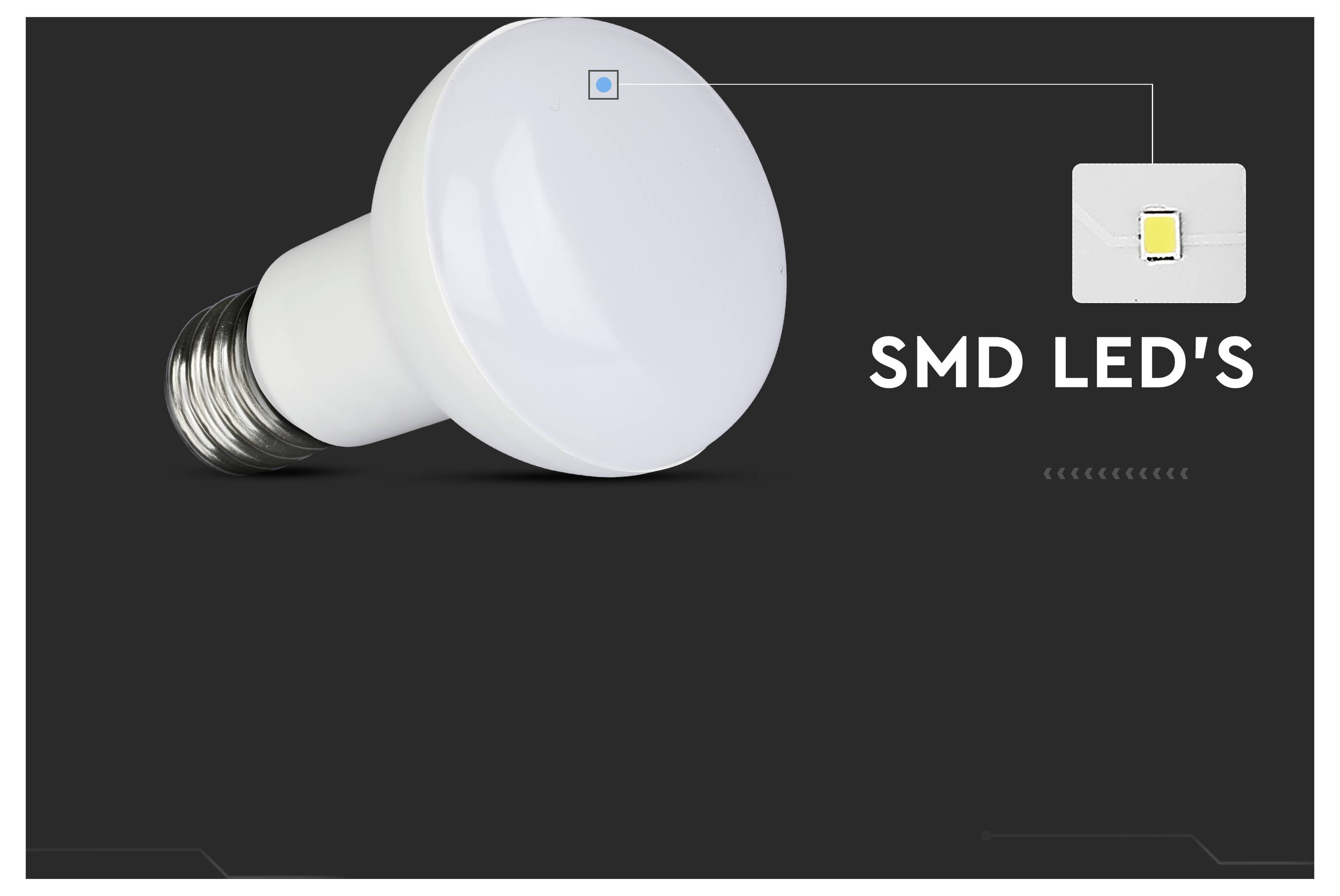 Une ampoule mettant l'accent sur la technologie LED CMS (Composant Monté en Surface), présentée avec un diagramme détaillant un unique circuit intégré LED.