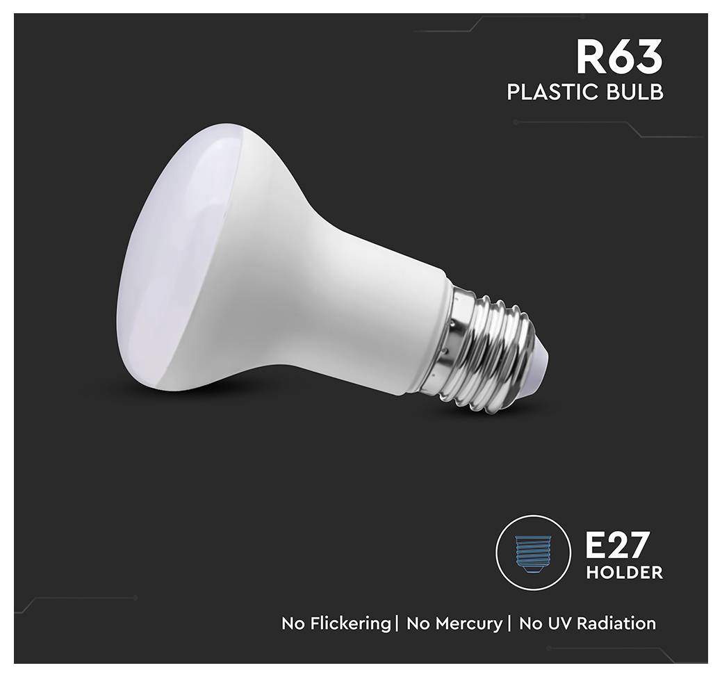 Une ampoule blanche R63 en plastique avec un support E27 est présentée. Le texte indique « Pas de scintillement | Pas de mercure | Pas de rayonnement UV » sur un fond sombre.