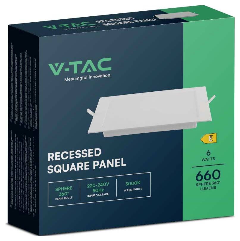 Panneau Carré Encastré V-TAC<br><br>6 watts<br>Blanc chaud<br>660 lumens<br>220-240V<br>50Hz<br>3000K