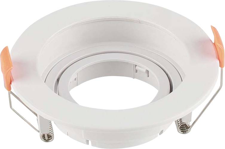 Un luminaire encastré de plafond rond blanc, avec des clips orange sur les côtés, conçu pour des ampoules LED, vu d'un angle supérieur.