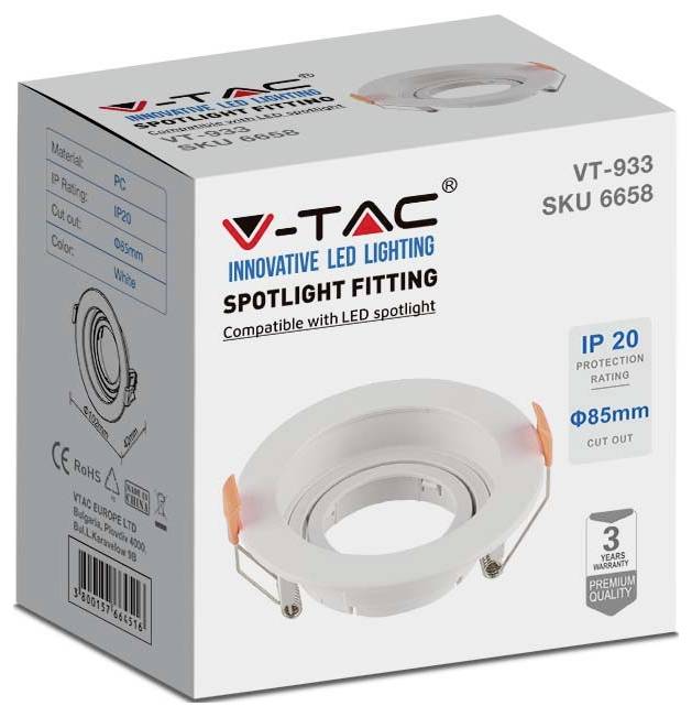 « V-TAC Éclairage LED Innovant », Boîte de spot VT-933, met en évidence la compatibilité, indice de protection IP20, découpe de Ø85 mm, garantie de 3 ans.
