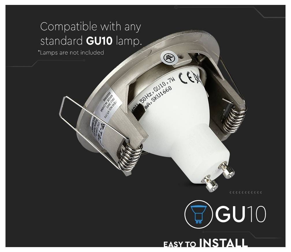Un support d'ampoule étiqueté 'GU10', indiquant la compatibilité avec les lampes GU10 standard. Texte indiquant : 'Compatible avec toute lampe GU10 standard.'