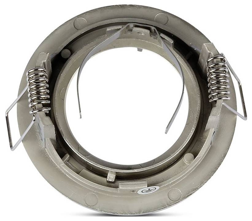 Un luminaire encastré circulaire en métal muni de deux clips de fixation sur les côtés et d'un trou central pour l'installation d'une ampoule.