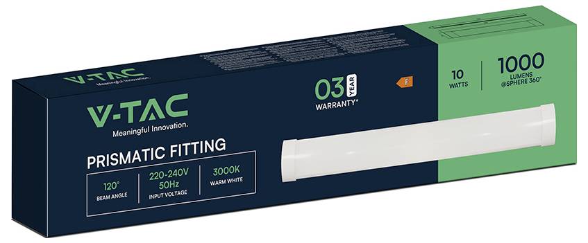 L'emballage du 'Luminaire Prismatique V-TAC' présente un tube lumineux avec des détails clés : 10 watts, 1000 lumens, blanc chaud 3000K, avec un angle de faisceau de 120°.