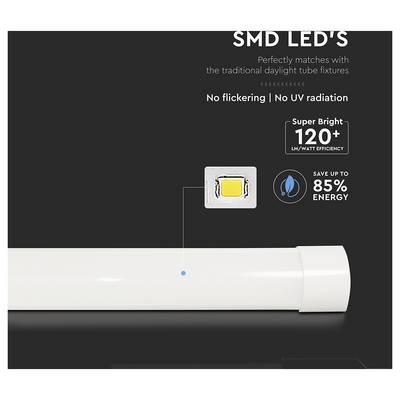 'LED CMS : Pas de scintillement, Pas de rayonnement UV, Ultra-brillant 120+ lm/watt d'efficacité, Économisez jusqu'à 85% d'énergie. Image d'un tube lumineux.'