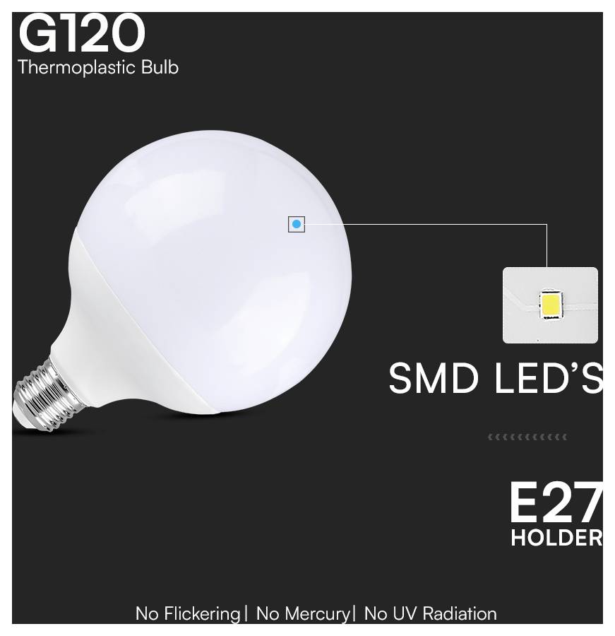 Ampoule thermoplastique 'G120' avec support E27 et LED SMD. Caractéristiques incluant l'absence de scintillement, l'absence de mercure et l'absence de rayonnement UV.