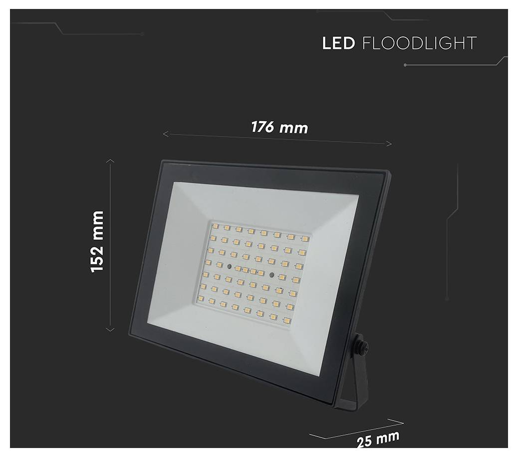 Projecteur LED affiché sur un fond sombre avec les dimensions : 176 mm de large, 152 mm de hauteur, 25 mm de profondeur.