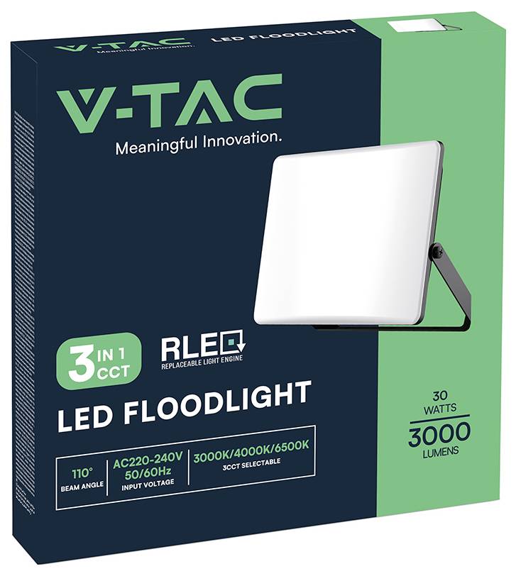 Projecteur LED V-TAC, 30 watts, 3000 lumens, 3-en-1 CCT, moteur lumineux remplaçable, angle de faisceau 110°, AC220-240V, sélectionnable 3000K/4000K/6500K.