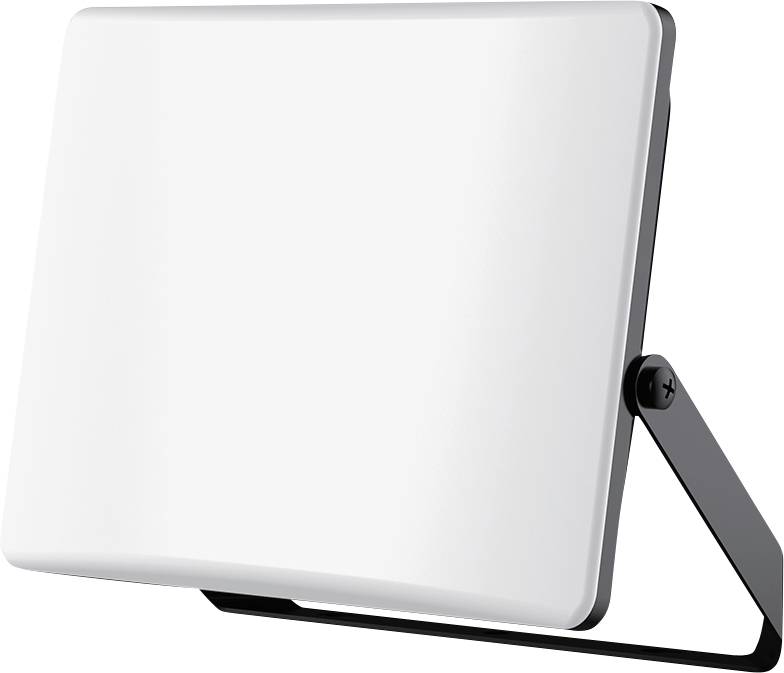 Un projecteur LED rectangulaire avec un panneau avant blanc et un support réglable noir, conçu pour un éclairage extérieur ou intérieur.