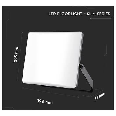 Projecteur LED série Slim avec dimensions : hauteur 205 mm, largeur 193 mm, profondeur 38 mm. Panneau de lumière blanche avec cadre noir.