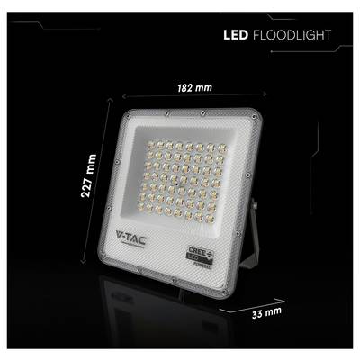 Projecteur LED avec dimensions : 227 mm de hauteur, 182 mm de largeur et 33 mm de profondeur. Il présente les marques V-TAC et CREE LED à l'avant.