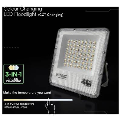 Un projecteur LED carré mesurant 410 mm par 326 mm par 33 mm, avec de nombreuses petites ampoules sur sa face. Texte : « Projecteur LED », « V-TAC ».