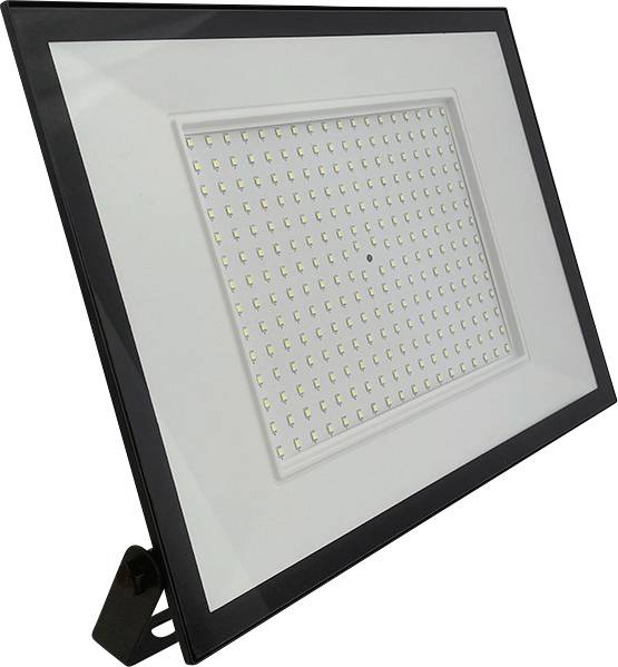 Un projecteur LED rectangulaire composé de plusieurs petites ampoules LED, entouré d'un cadre noir, et supporté par un support inclinable.