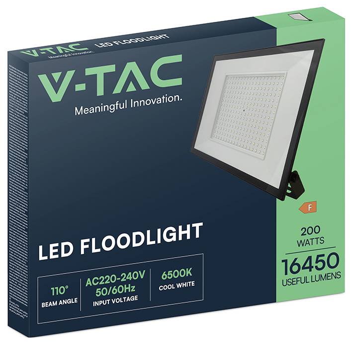 L'image présente un emballage de projecteur LED V-TAC, mettant en avant '200 watts', '16450 lumens utiles', 'angle de faisceau de 110°' et '6500K blanc froid'.