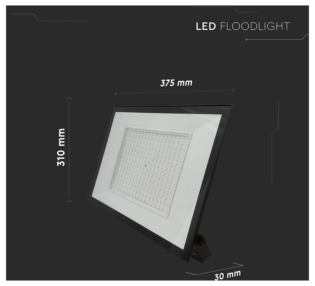 Un projecteur LED » est affiché dans un cadre incliné avec les dimensions : 375 mm de largeur, 310 mm de hauteur et 30 mm de profondeur sur un fond sombre.