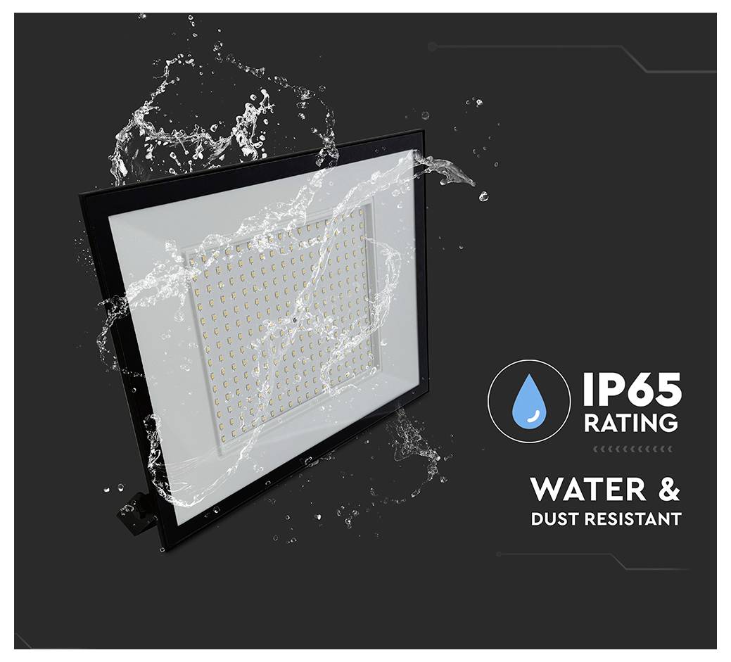 Image de lumière LED avec notation 'IP65' et éclaboussures d'eau, indiquant la résistance à l'eau et à la poussière. Texte : « Résistant à l'eau et à la poussière »