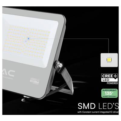 Un projecteur LED rectangulaire étiqueté « SMD LED's » avec « alimenté par CREE LED ». Il présente une grille de minuscules LED et met en évidence une efficacité de 135 lumens par watt.