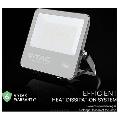 Projecteur LED V-TAC avec label « garantie 6 ans ». Met en avant un système de dissipation thermique efficace pour prévenir la surchauffe et prolonger la durée de vie de la lampe.