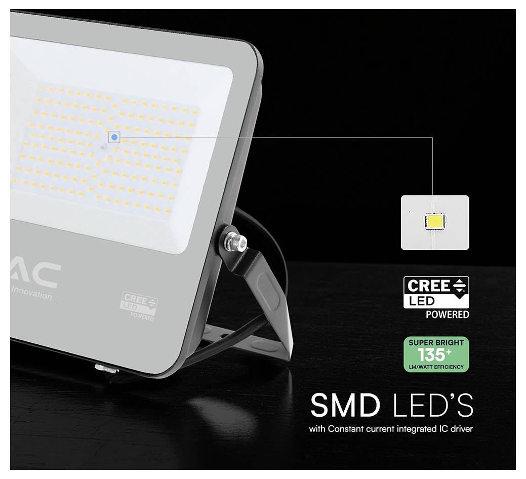 Un projecteur rectangulaire à LED avec l'inscription « Alimenté par CREE LED », soulignant l'efficacité énergétique grâce à la technologie LED SMD.
