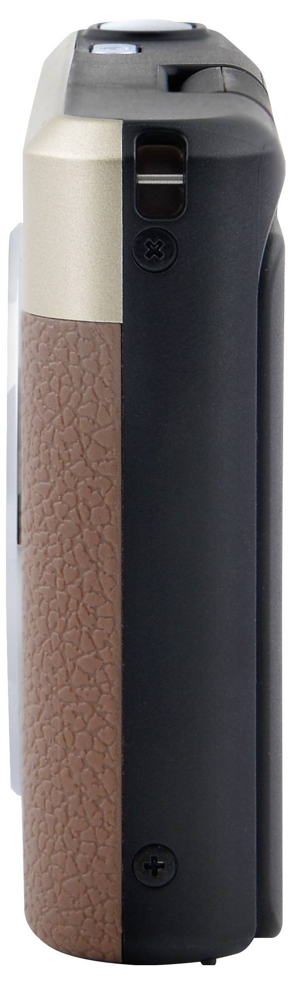 Vue latérale d'un appareil photo numérique compact stylisé avec une poignée texturée en cuir de couleur brune, des accents noirs et métalliques, et un bouton de contrôle visible.