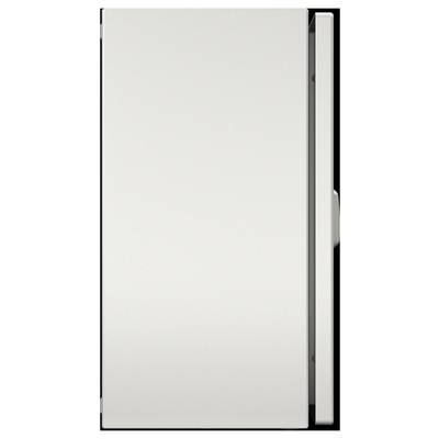 Une porte de placard grise, verticale et simple, avec une ombre subtile sur un côté, indiquant une position légèrement entrouverte.